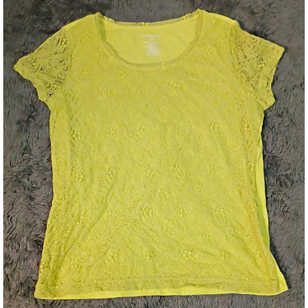Van Heusen Yellow Lace Pullover T-Shirt Top Short Sleeve Scoop Neck Womens L